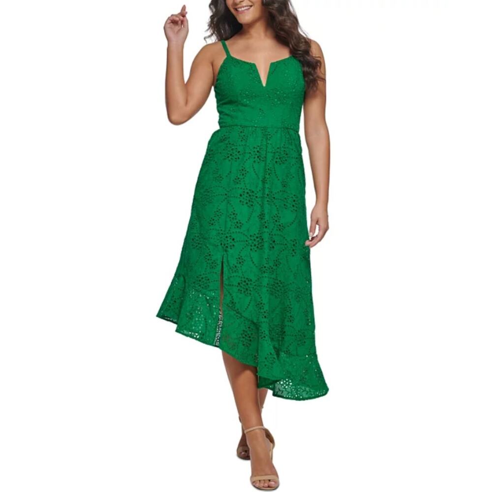 Guess Cotton Eyelet Asymmetric Midi Dress Women Size‎ 8 Green Contemporary Party